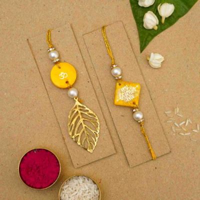 Handmade Resin Sunset Yellow Bhaiya Bhabhi Rakhi With Chocolates & Roli Chawal
