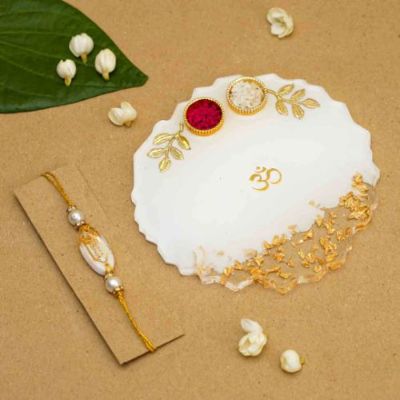 Personalized Handmade White Resin Rakhi Thali With Roli Chawal For Brother