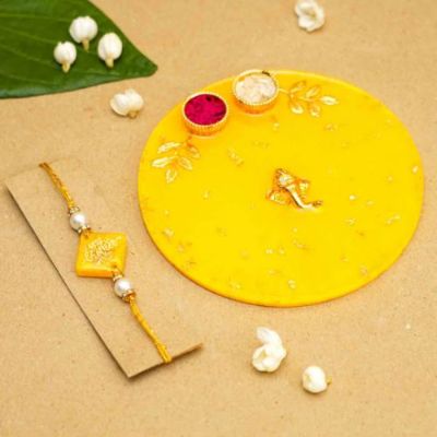 Personalized Handmade Yellow Resin Rakhi Thali With Roli Chawal For Brother
